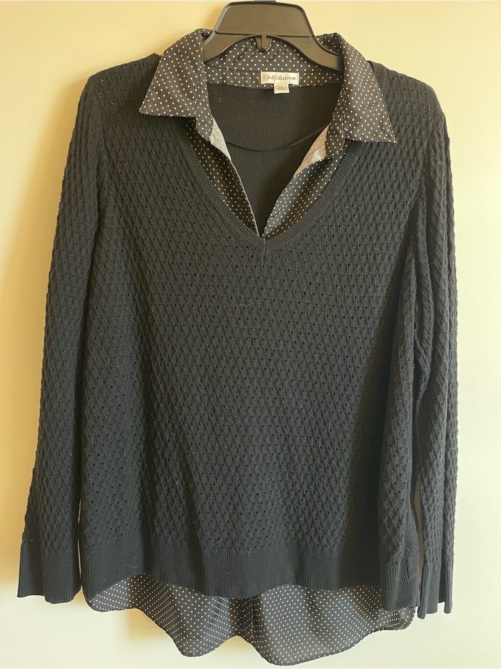 Croft & Barrow Black V-Neck Sweater with Layered Polka Dot Shirt Detail, 1X